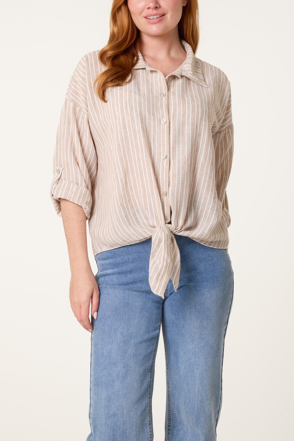 Striped Cotton Blend Front Knot Shirt, Oversized Button Down Blouse