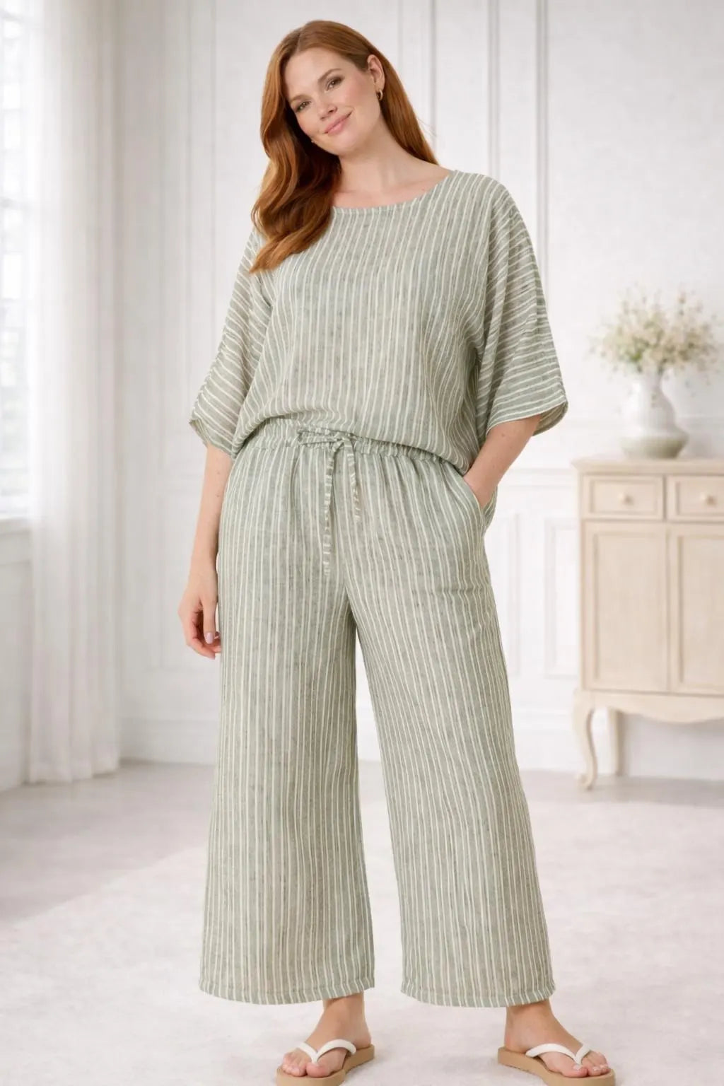 Striped Batwing Sleeve Oversized Top, Cotton Blend Relaxed Boho Blouse