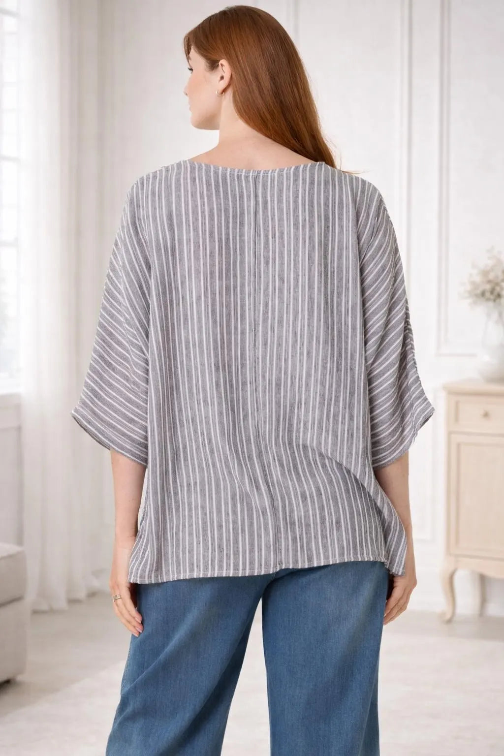 Striped Batwing Sleeve Oversized Top, Cotton Blend Relaxed Boho Blouse