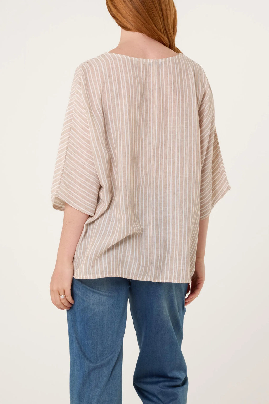 Striped Batwing Sleeve Oversized Top, Cotton Blend Relaxed Boho Blouse