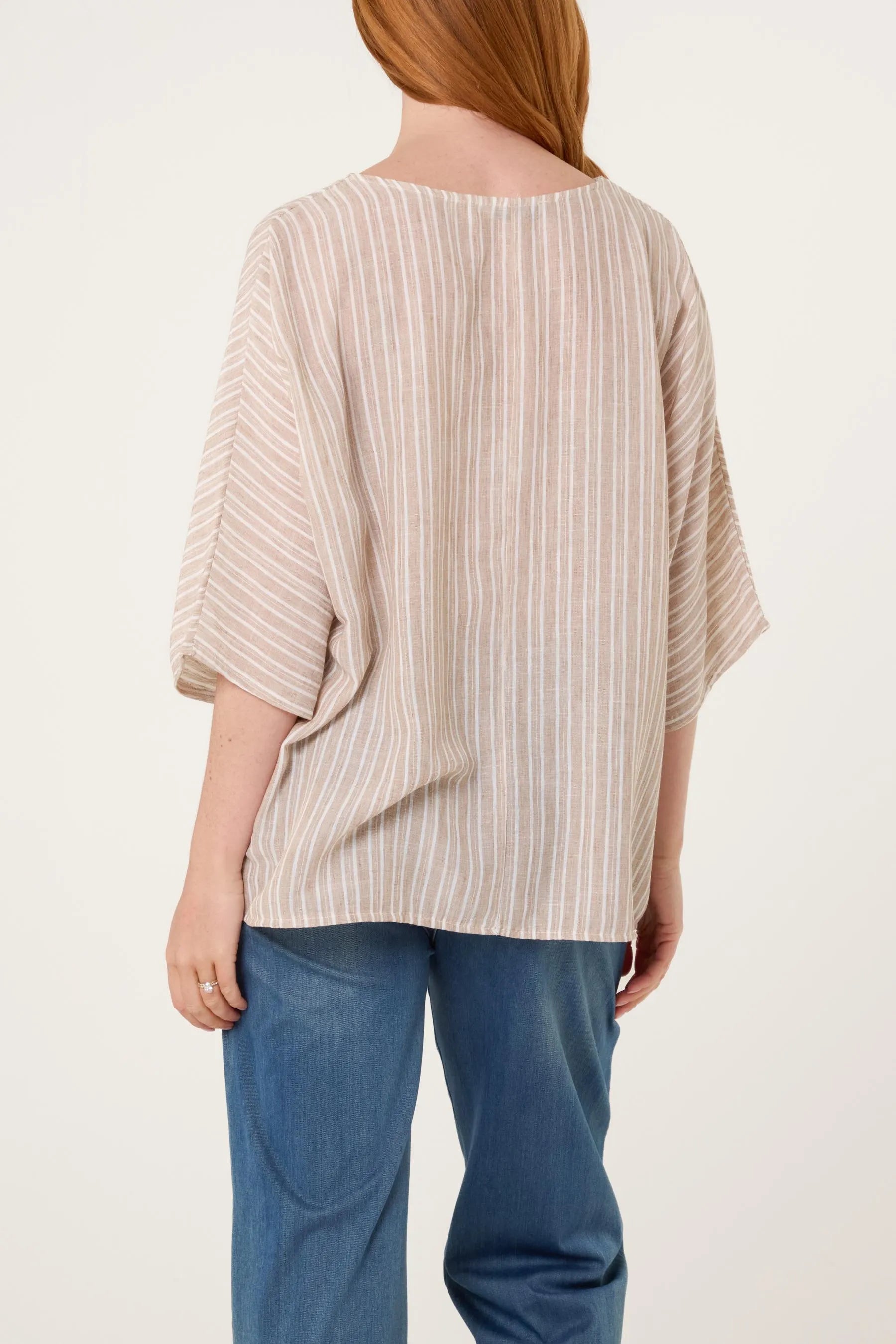 Striped Batwing Sleeve Oversized Top, Cotton Blend Relaxed Boho Blouse