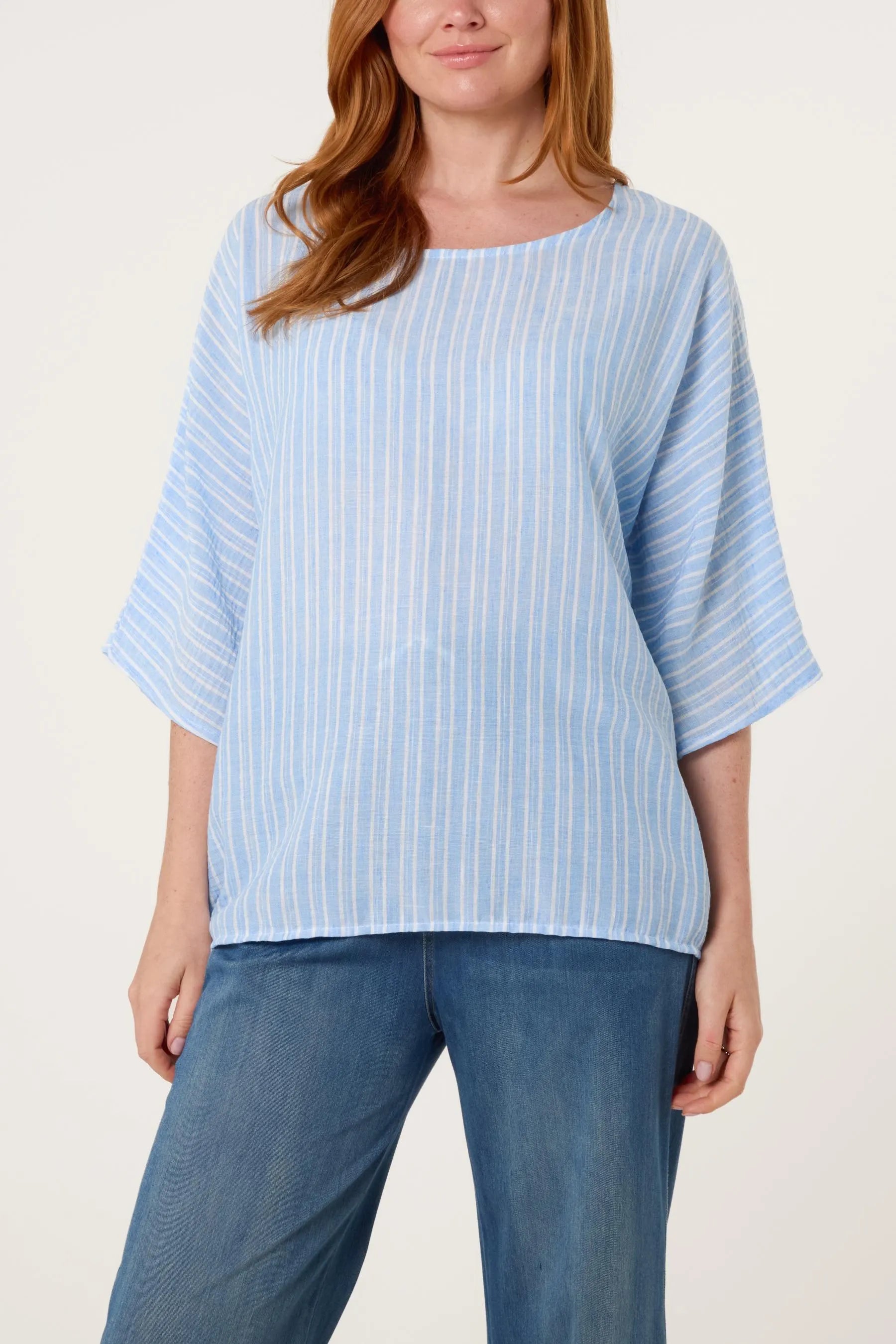 Striped Batwing Sleeve Oversized Top, Cotton Blend Relaxed Boho Blouse