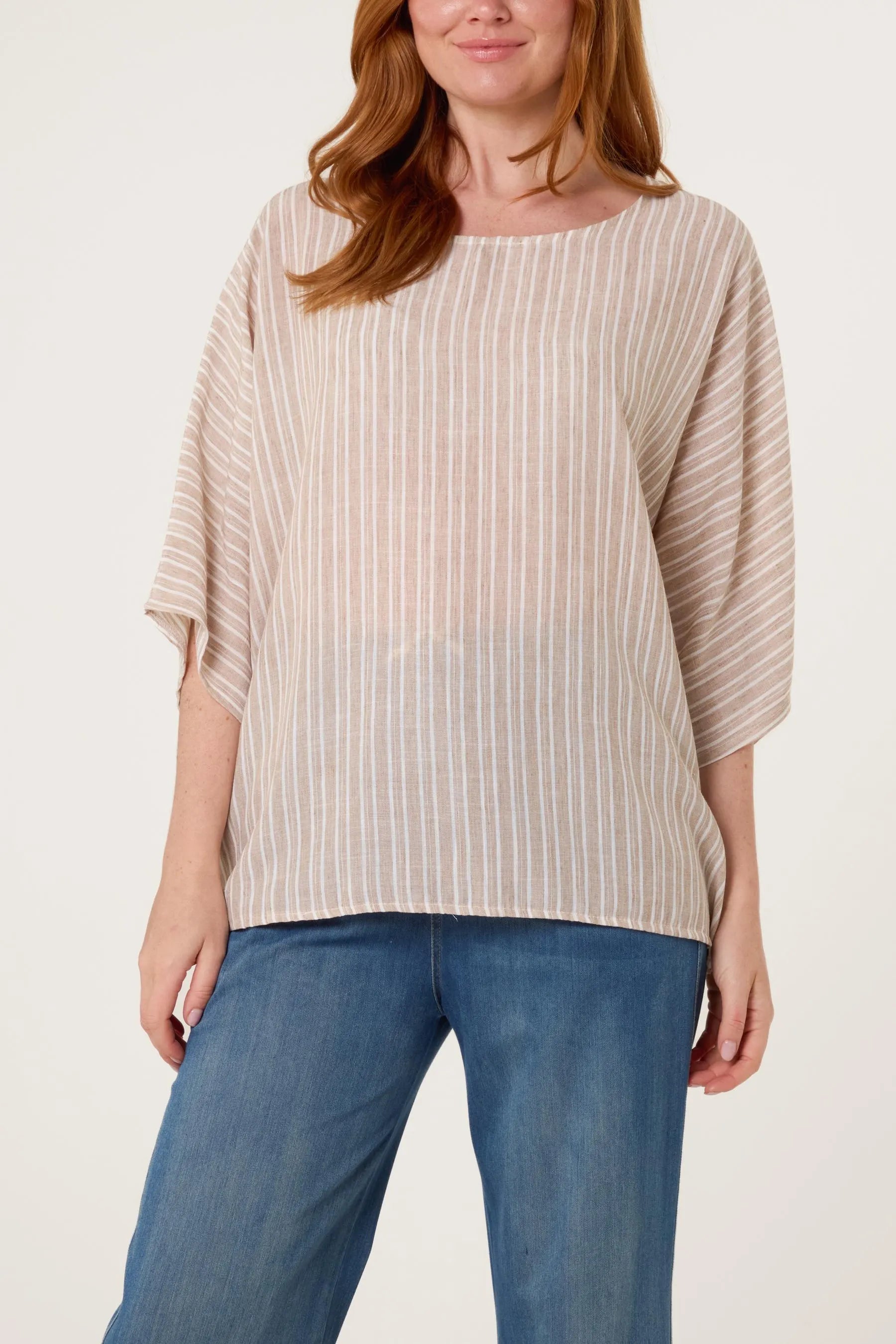 Striped Batwing Sleeve Oversized Top, Cotton Blend Relaxed Boho Blouse