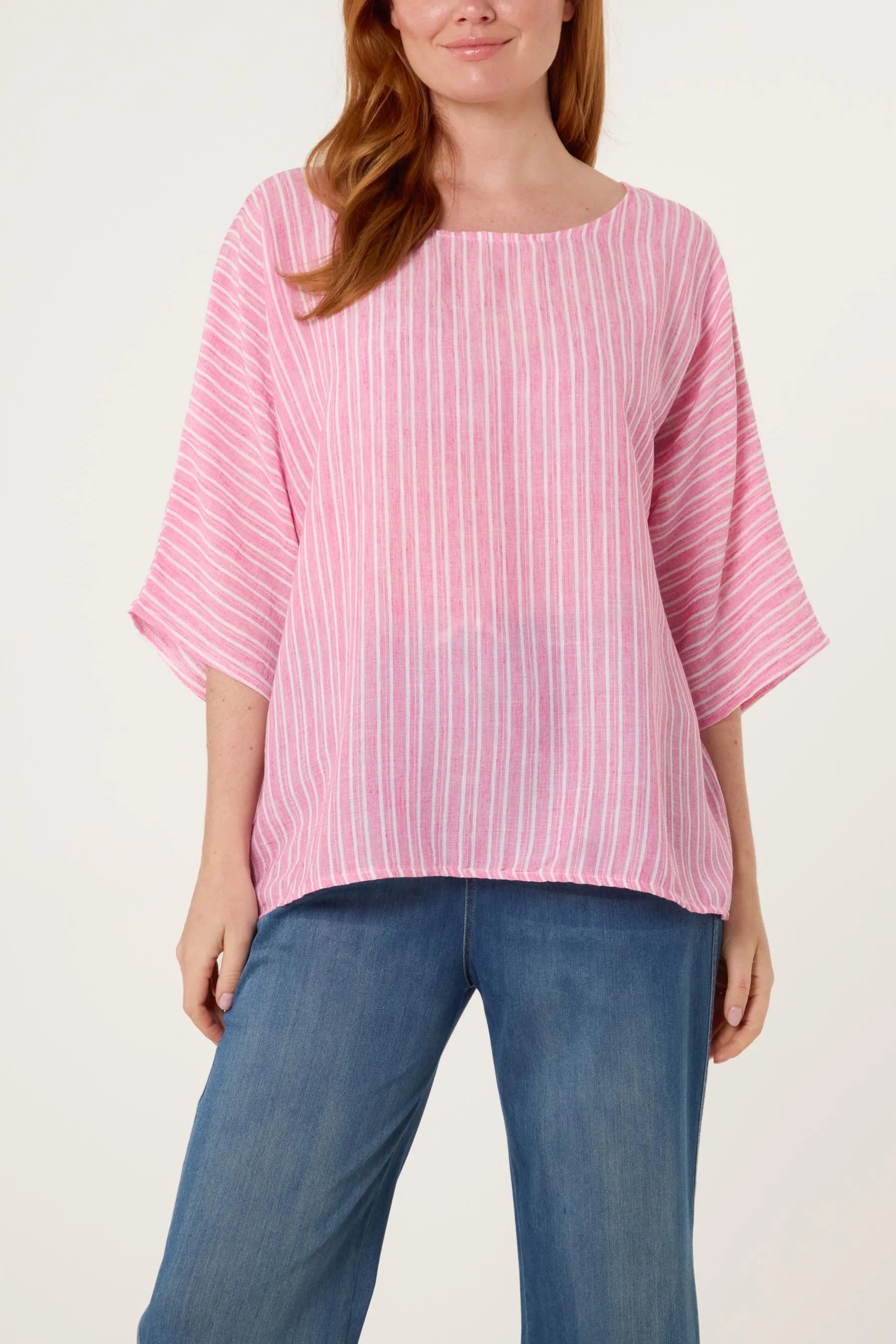 Striped Batwing Sleeve Oversized Top, Cotton Blend Relaxed Boho Blouse