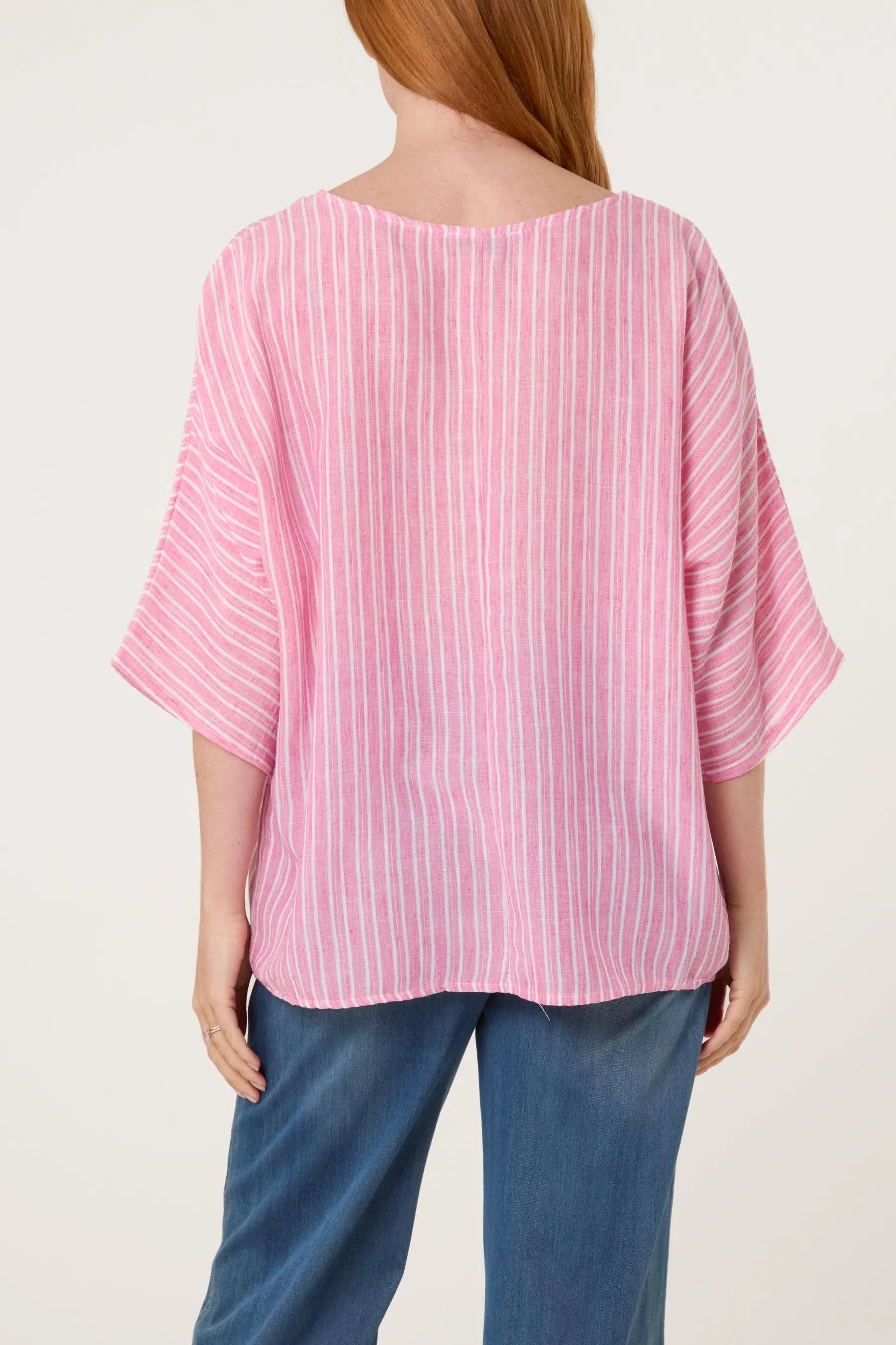 Striped Batwing Sleeve Oversized Top, Cotton Blend Relaxed Boho Blouse