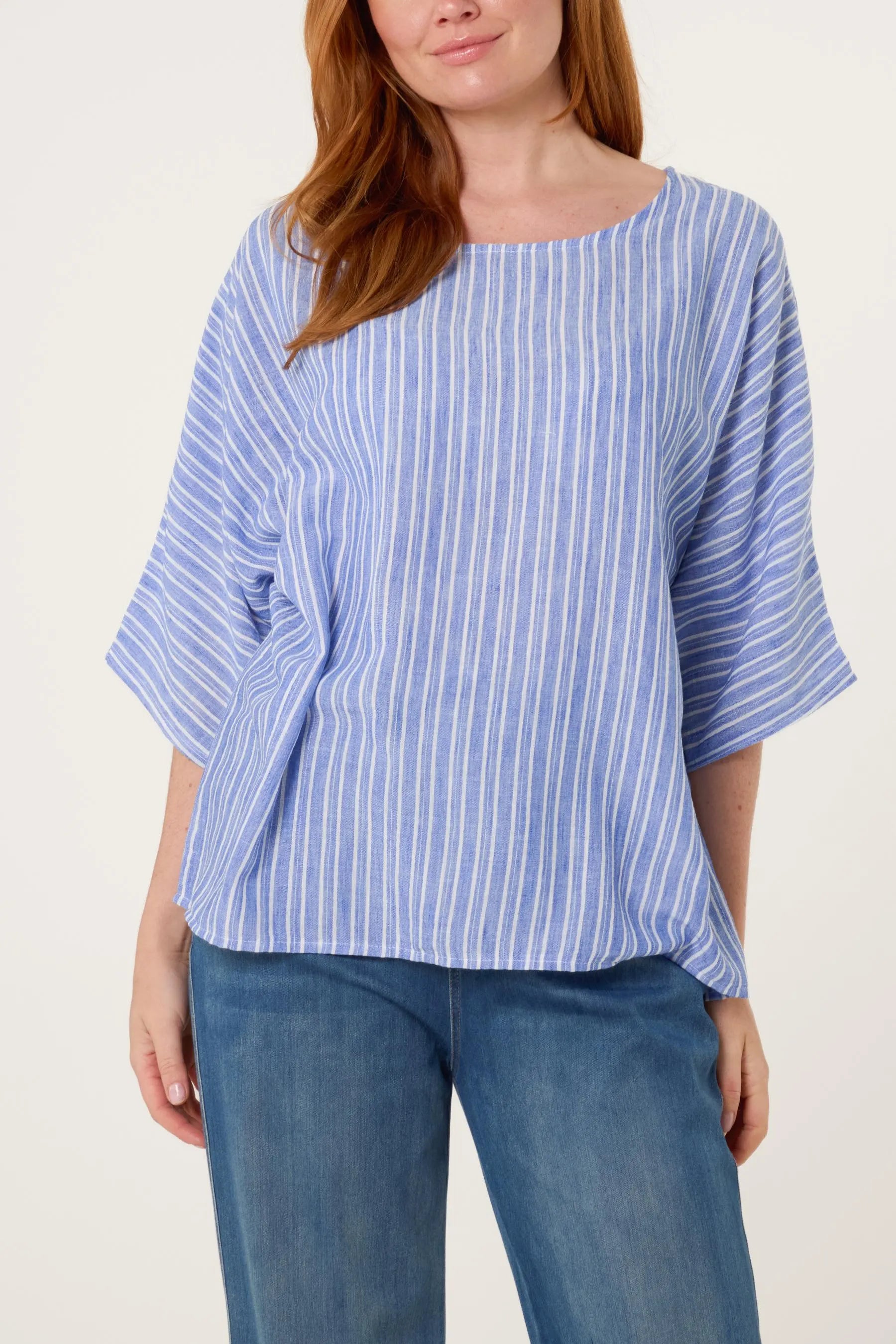 Striped Batwing Sleeve Oversized Top, Cotton Blend Relaxed Boho Blouse