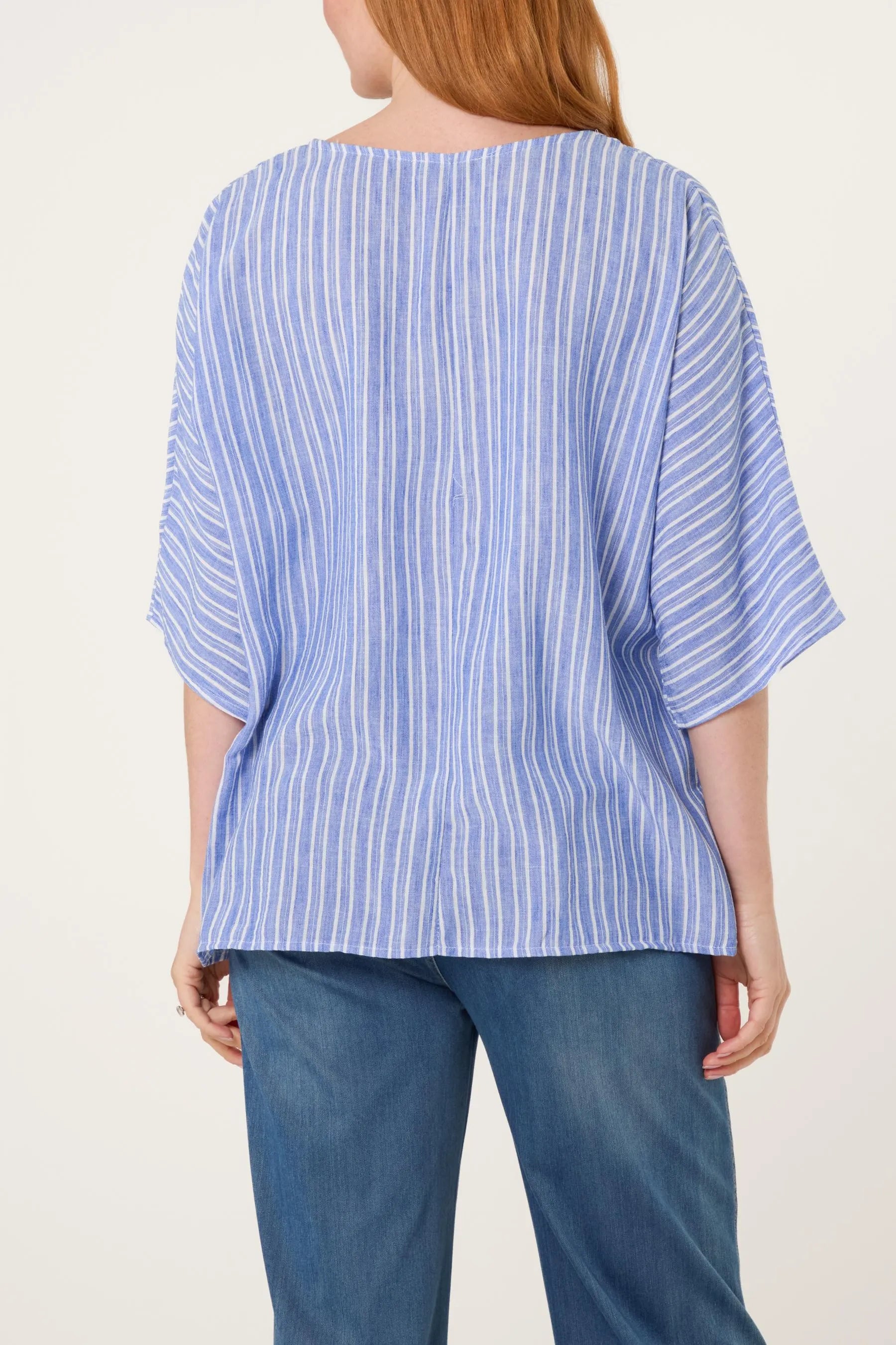 Striped Batwing Sleeve Oversized Top, Cotton Blend Relaxed Boho Blouse