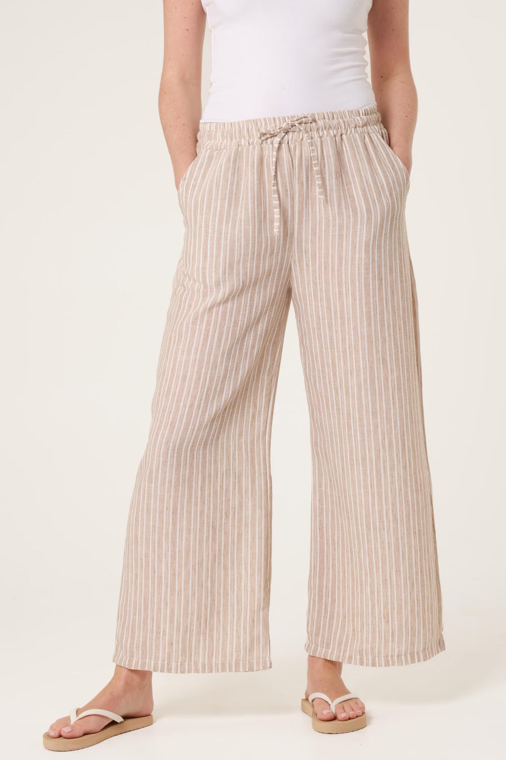 Striped Cotton Blend Wide Leg Trousers, Elastic Waist Lounge Pants