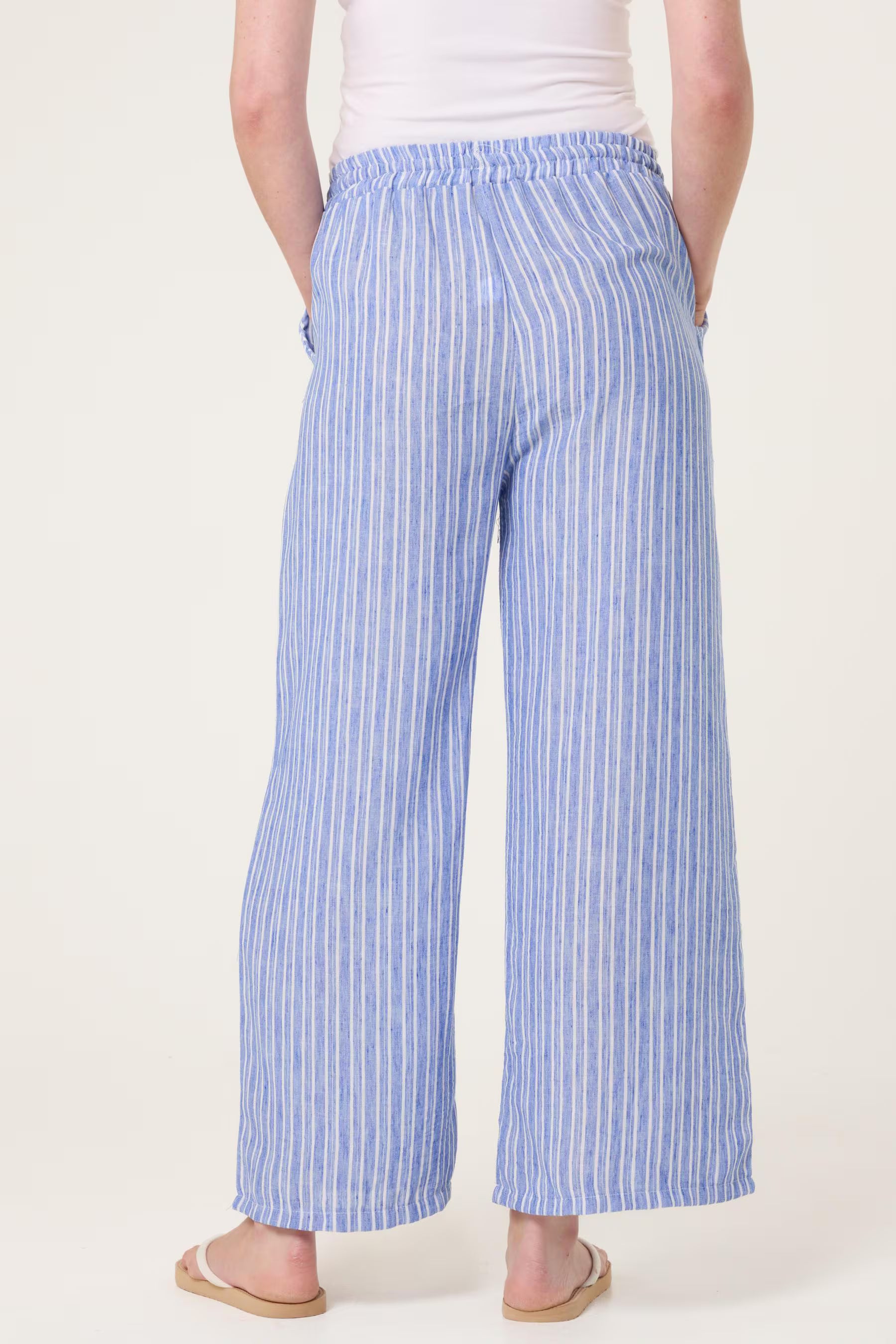 Striped Cotton Blend Wide Leg Trousers, Elastic Waist Lounge Pants