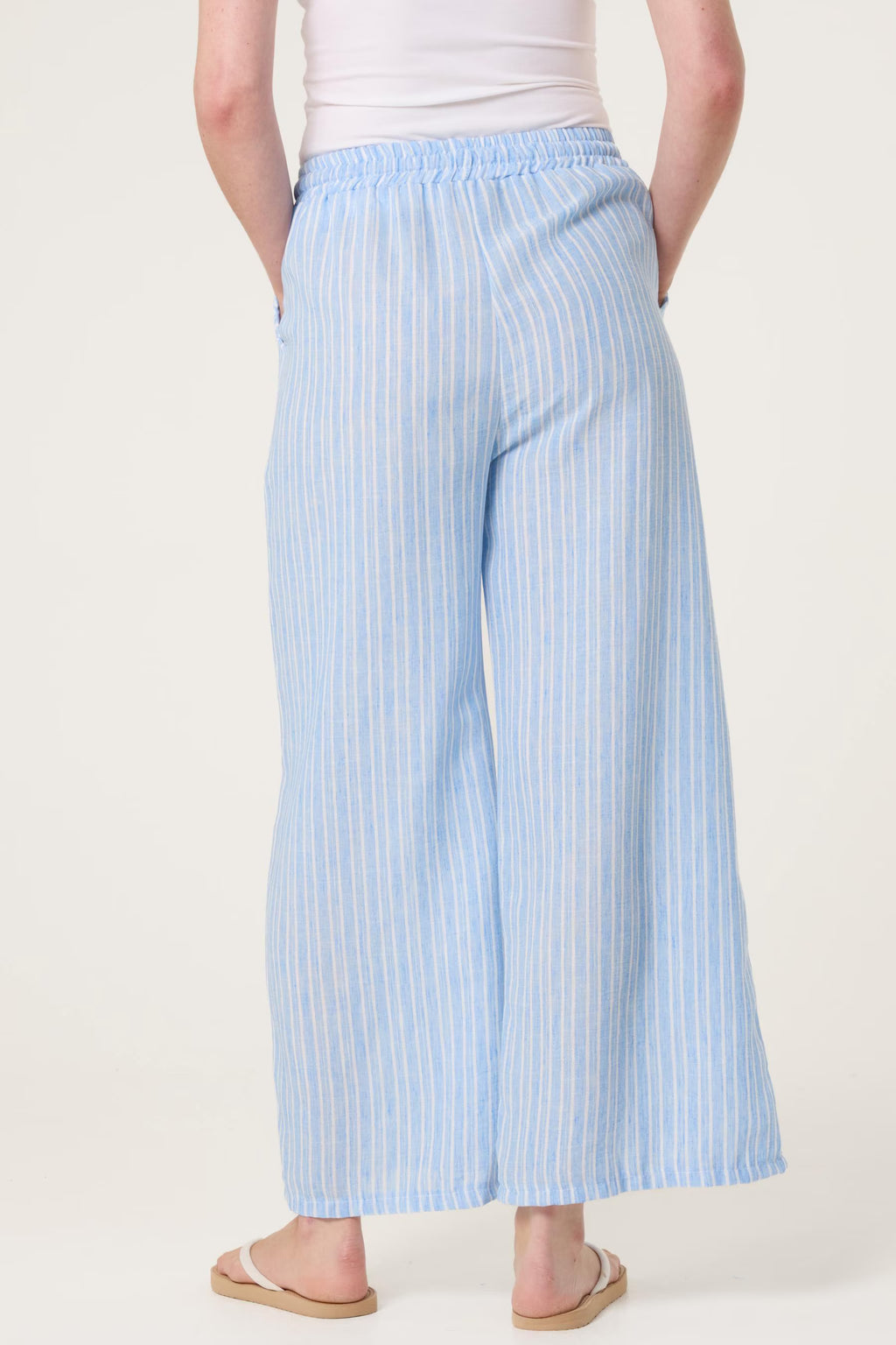Striped Cotton Blend Wide Leg Trousers, Elastic Waist Lounge Pants