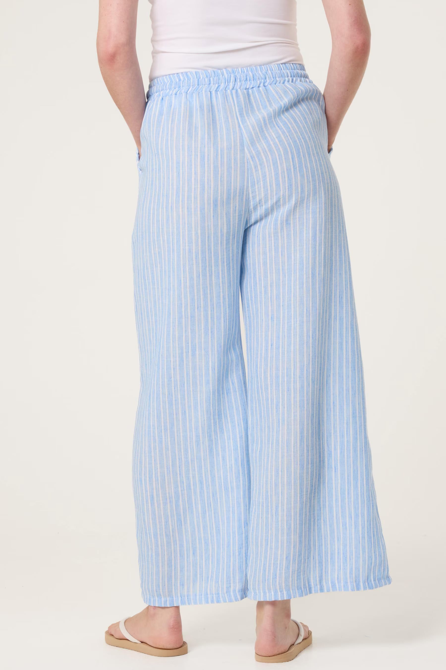 Striped Cotton Blend Wide Leg Trousers, Elastic Waist Lounge Pants