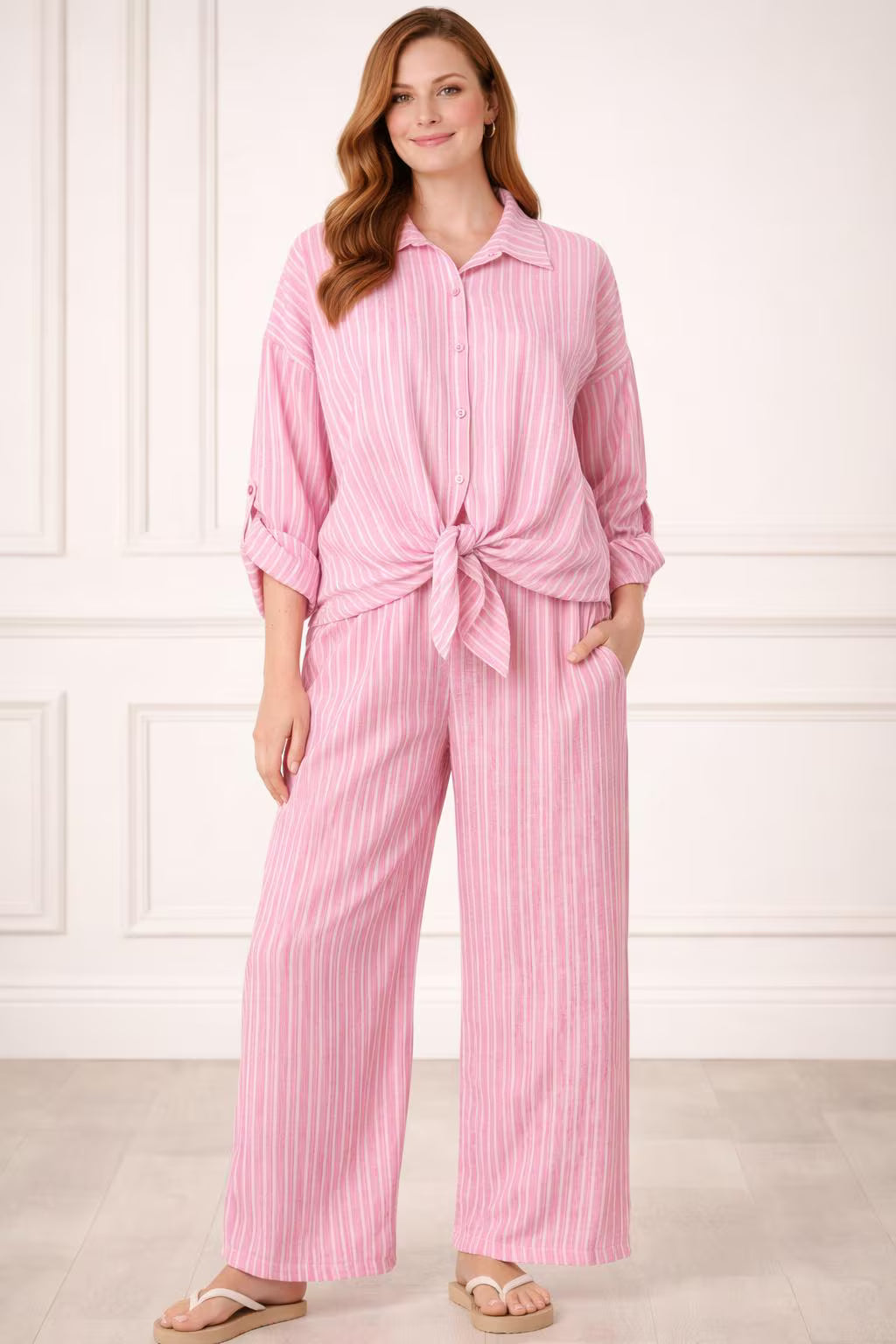 Striped Cotton Blend Front Knot Shirt, Oversized Button Down Blouse