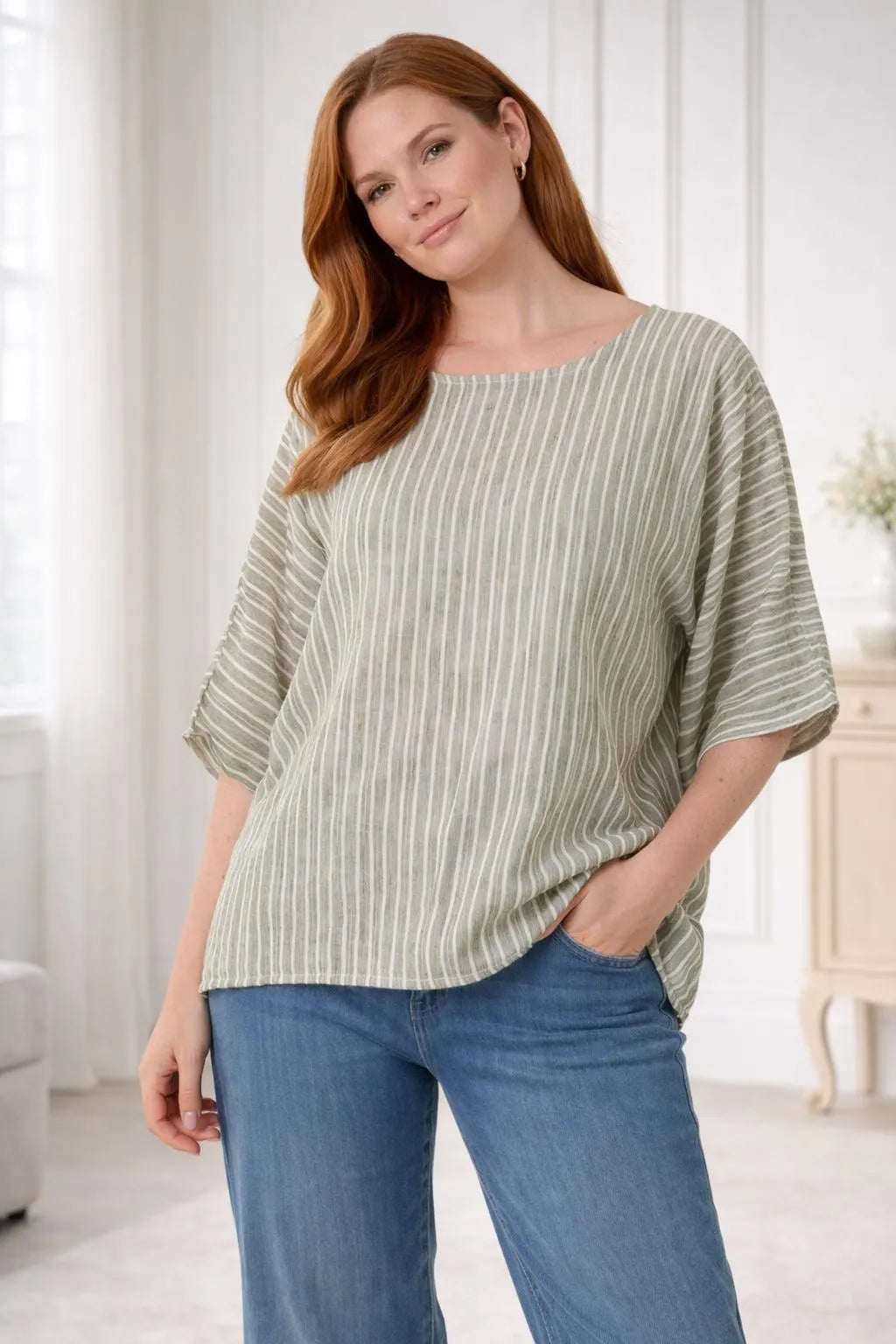 Striped Batwing Sleeve Oversized Top, Cotton Blend Relaxed Boho Blouse