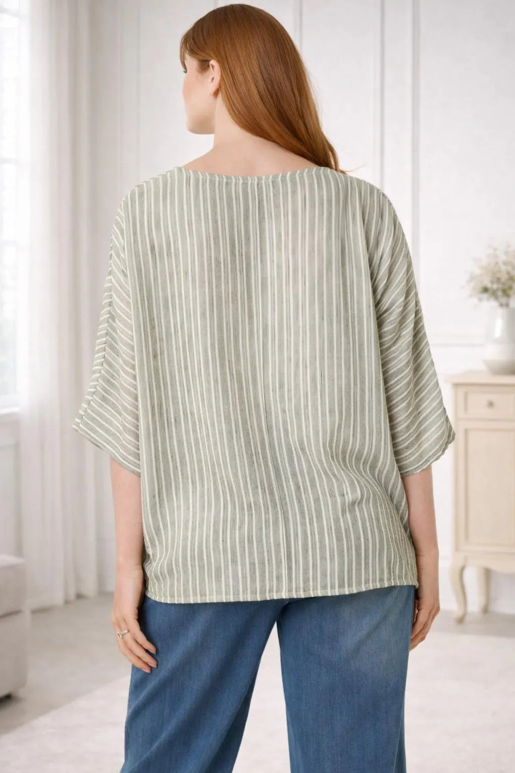 Striped Batwing Sleeve Oversized Top, Cotton Blend Relaxed Boho Blouse