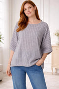 Striped Batwing Sleeve Oversized Top, Cotton Blend Relaxed Boho Blouse