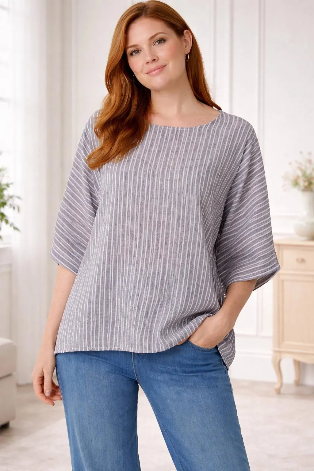 Striped Batwing Sleeve Oversized Top, Cotton Blend Relaxed Boho Blouse