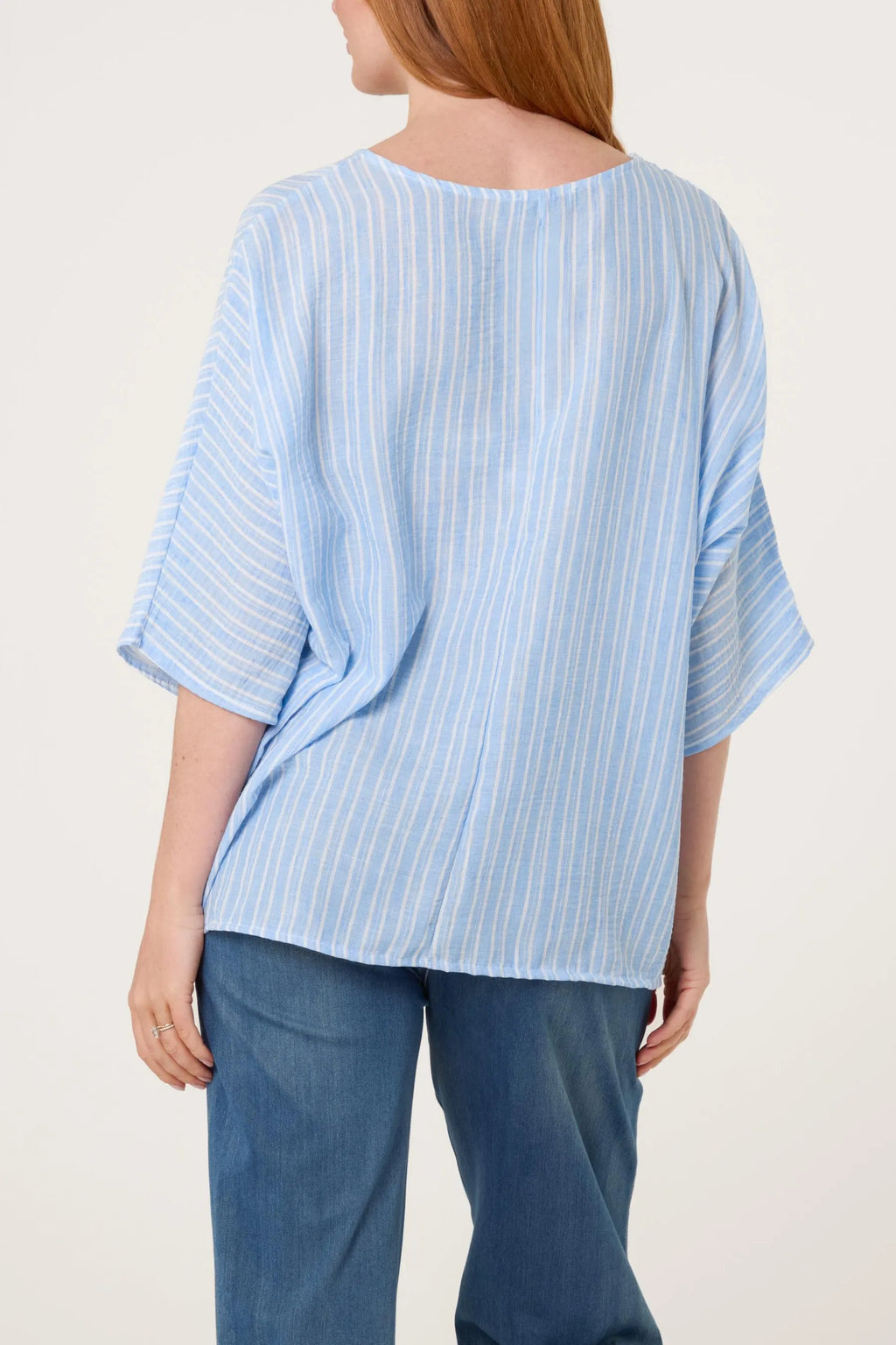 Striped Batwing Sleeve Oversized Top, Cotton Blend Relaxed Boho Blouse