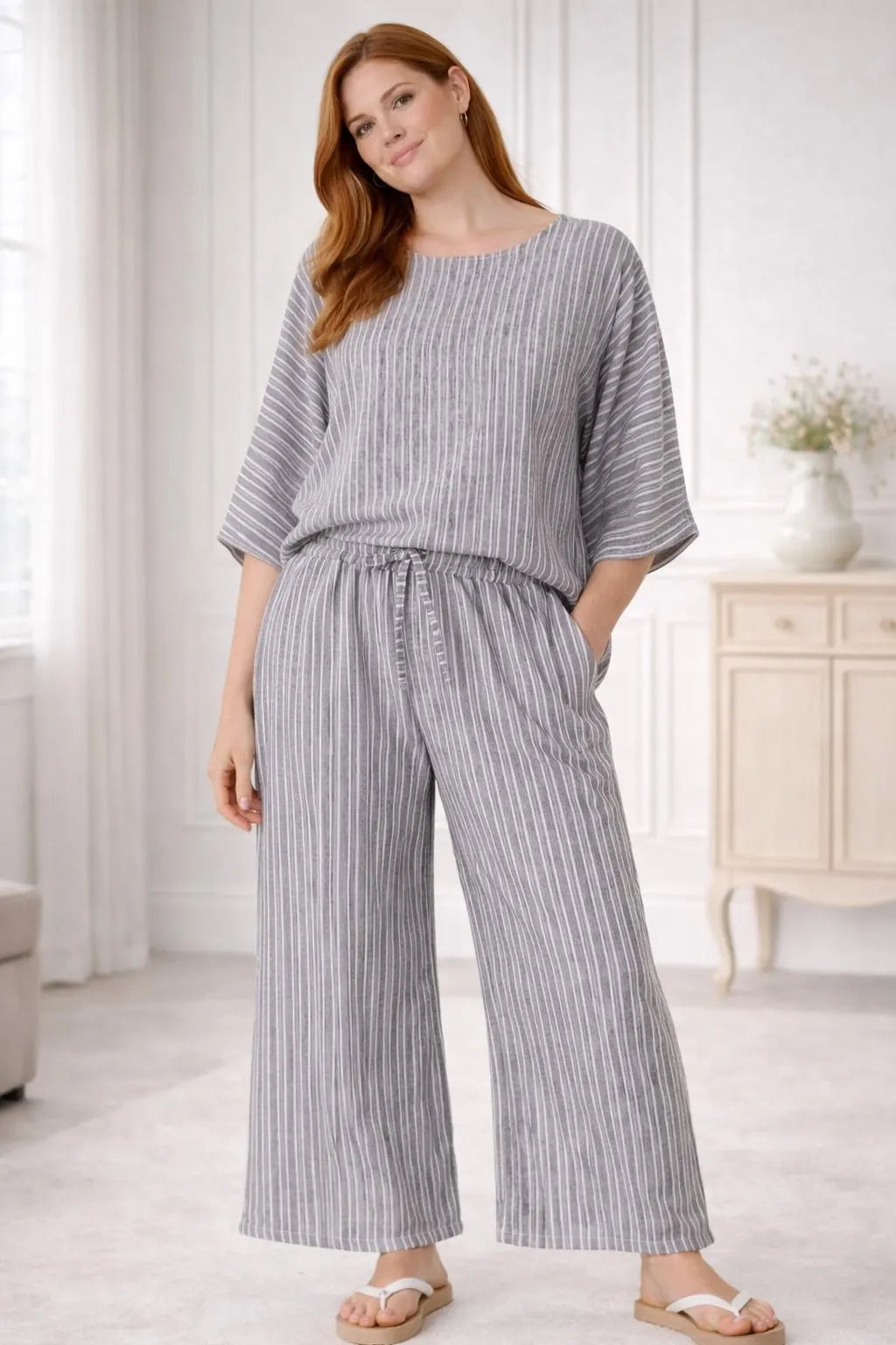 Striped Cotton Blend Wide Leg Trousers, Elastic Waist Lounge Pants