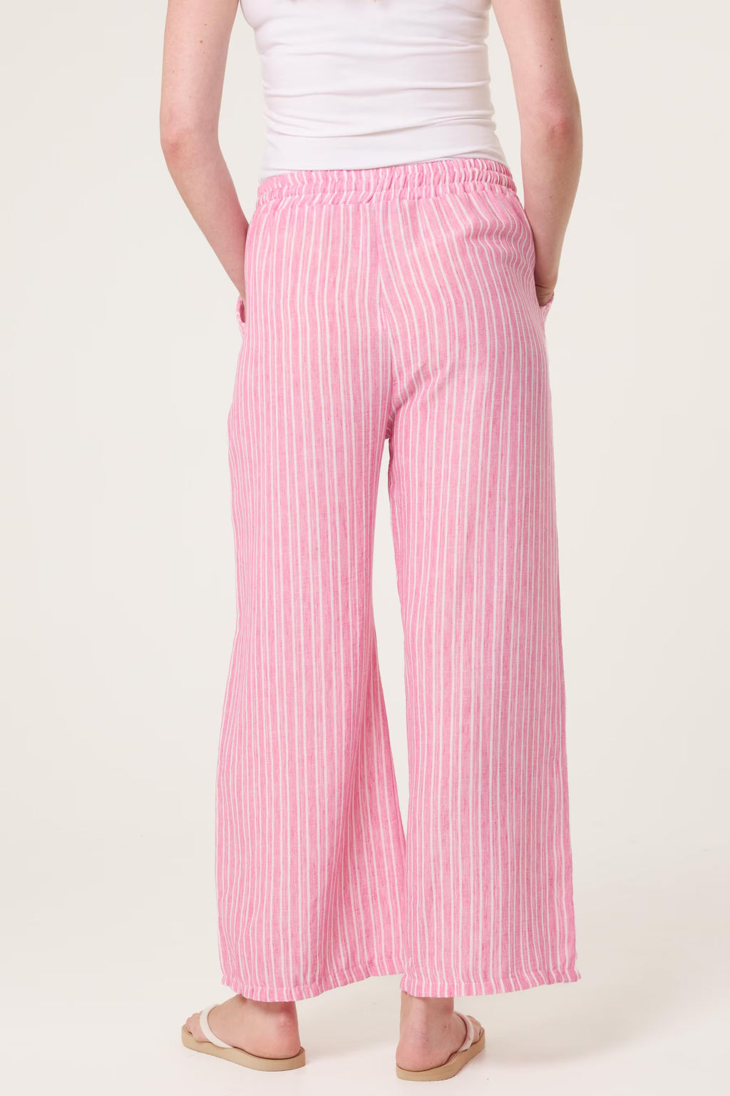 Striped Cotton Blend Wide Leg Trousers, Elastic Waist Lounge Pants