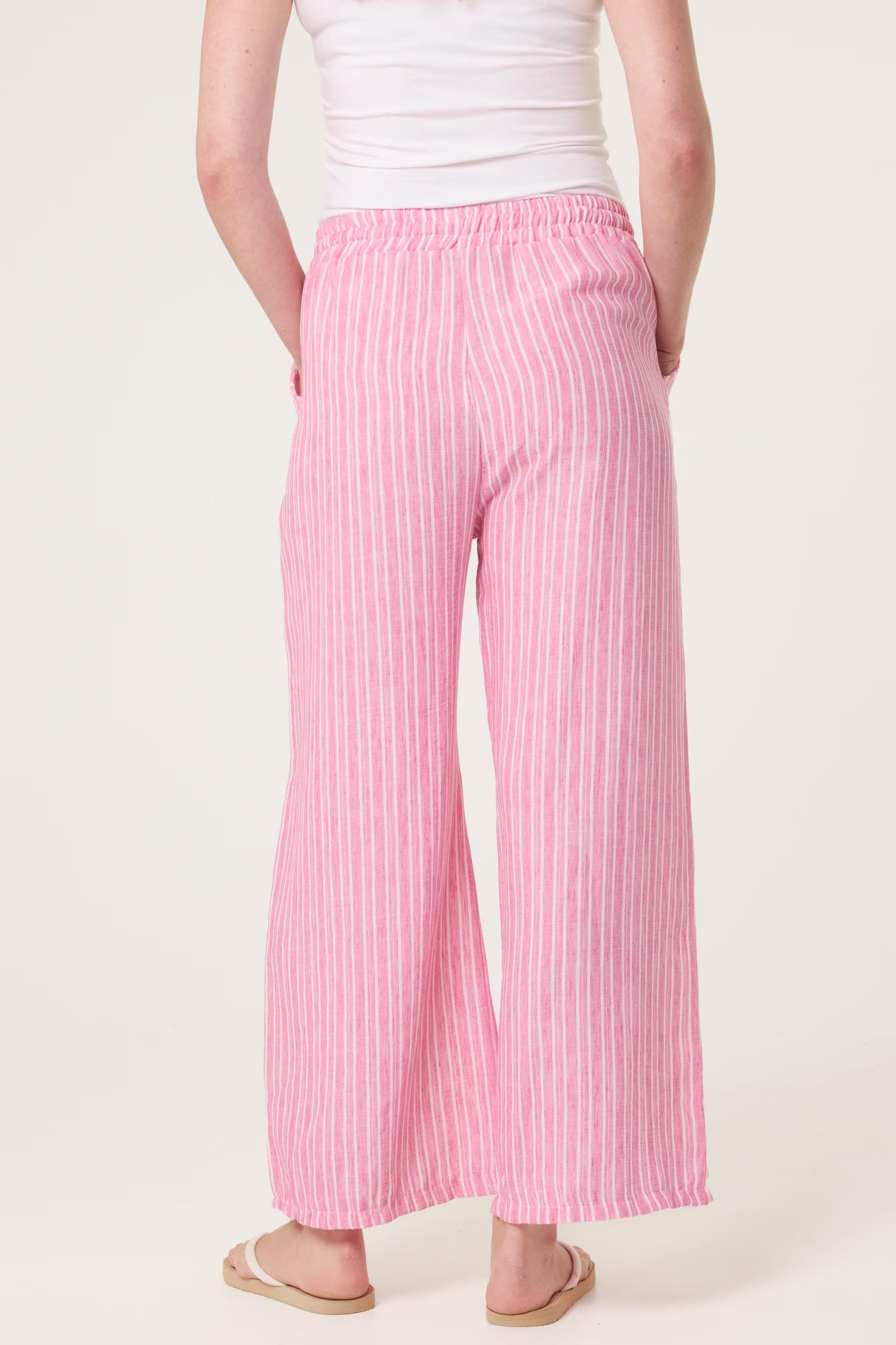 Striped Cotton Blend Wide Leg Trousers, Elastic Waist Lounge Pants