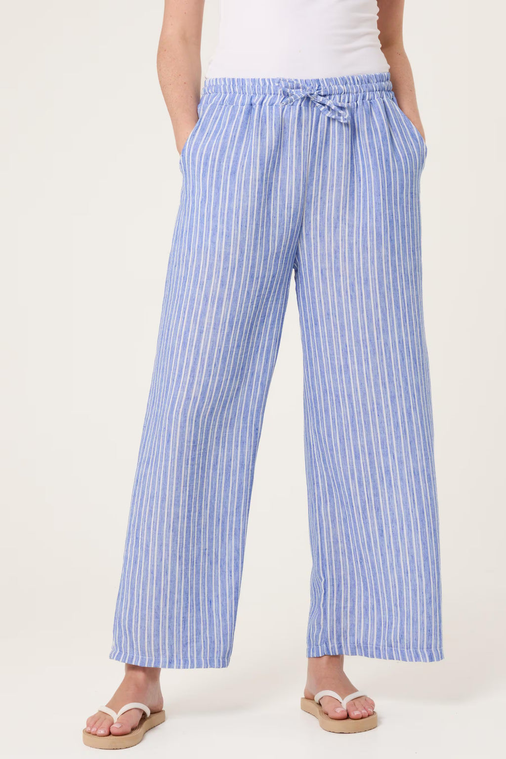 Striped Cotton Blend Wide Leg Trousers, Elastic Waist Lounge Pants