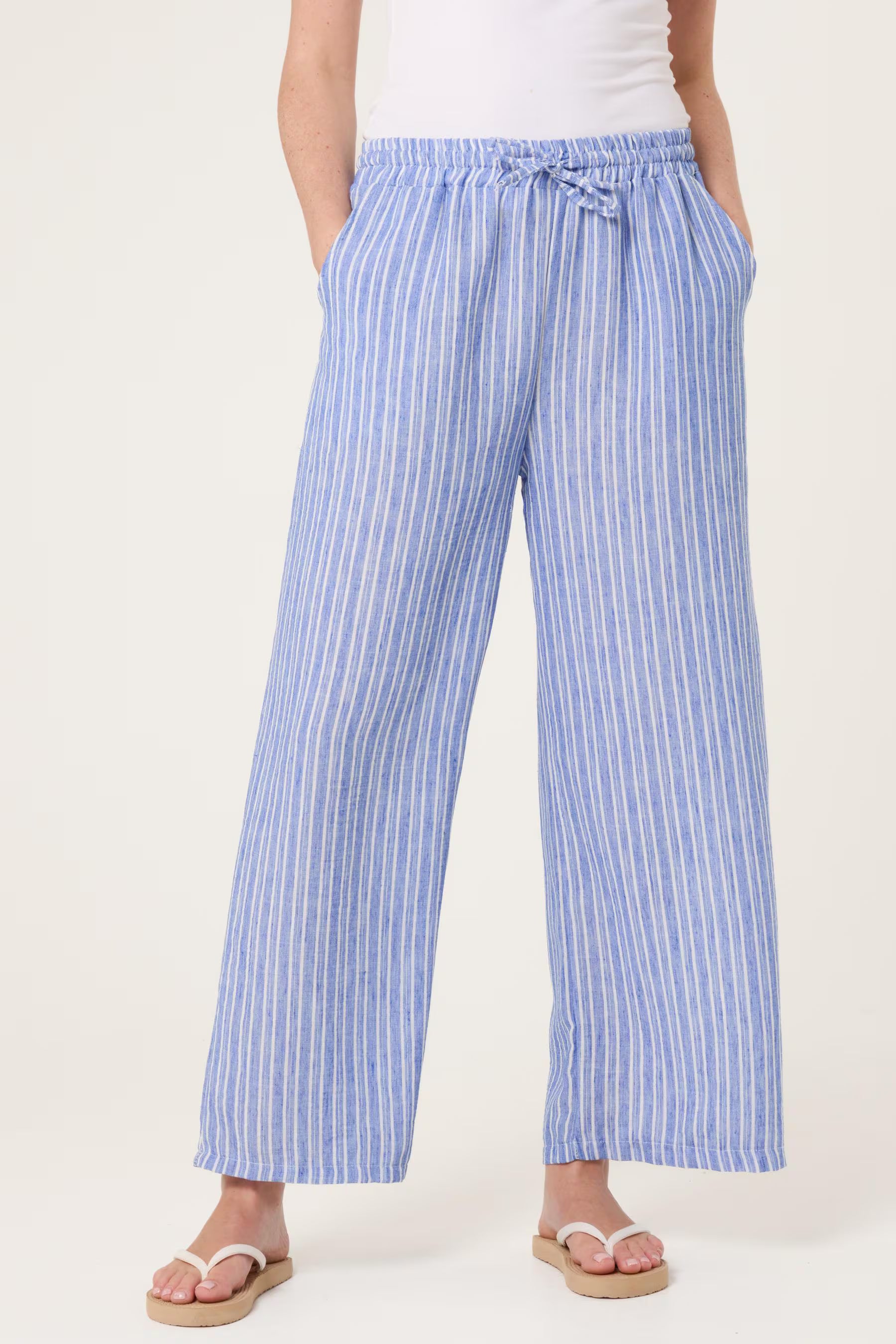 Striped Cotton Blend Wide Leg Trousers, Elastic Waist Lounge Pants