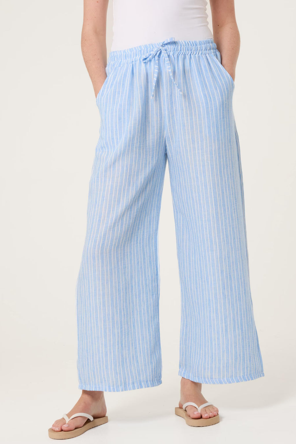 Striped Cotton Blend Wide Leg Trousers, Elastic Waist Lounge Pants