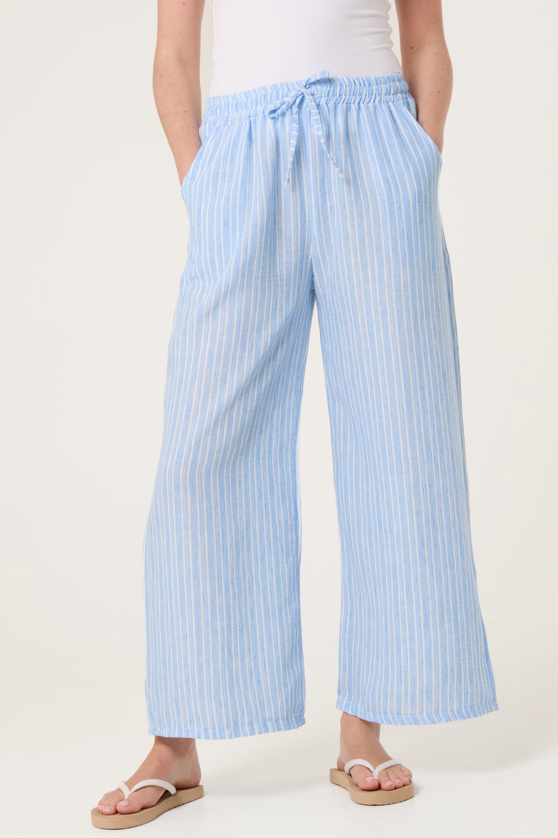 Striped Cotton Blend Wide Leg Trousers, Elastic Waist Lounge Pants