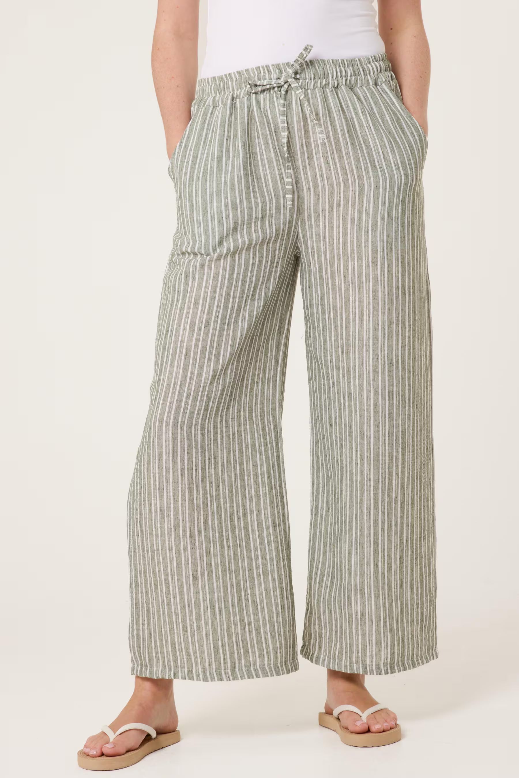 Striped Cotton Blend Wide Leg Trousers, Elastic Waist Lounge Pants