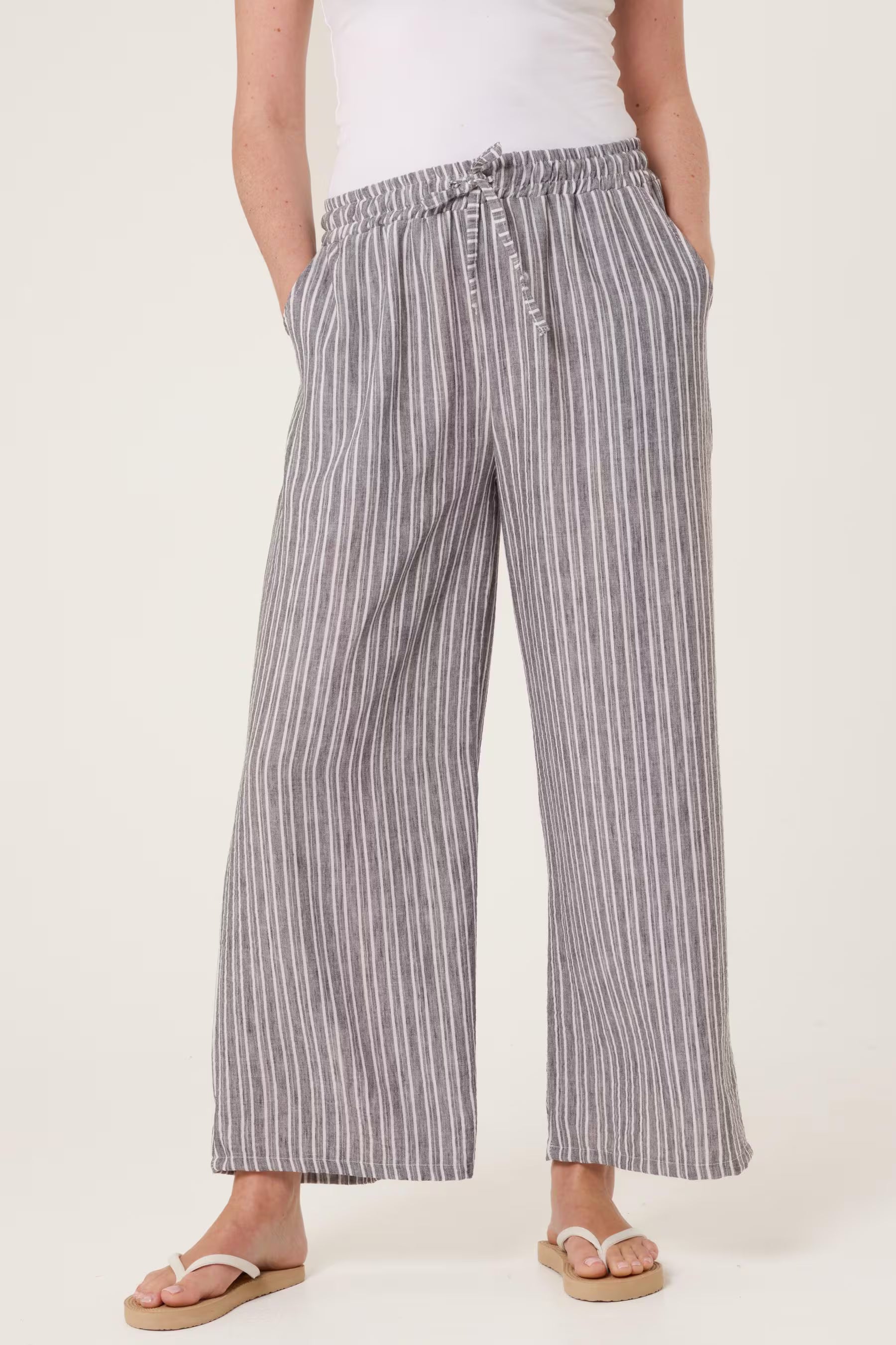 Striped Cotton Blend Wide Leg Trousers, Elastic Waist Lounge Pants