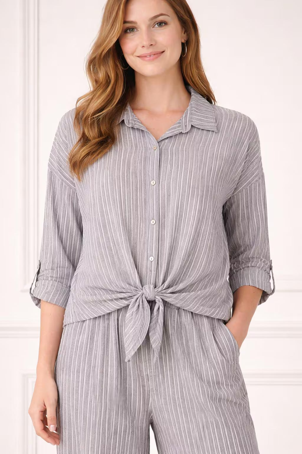 Striped Cotton Blend Front Knot Shirt, Oversized Button Down Blouse