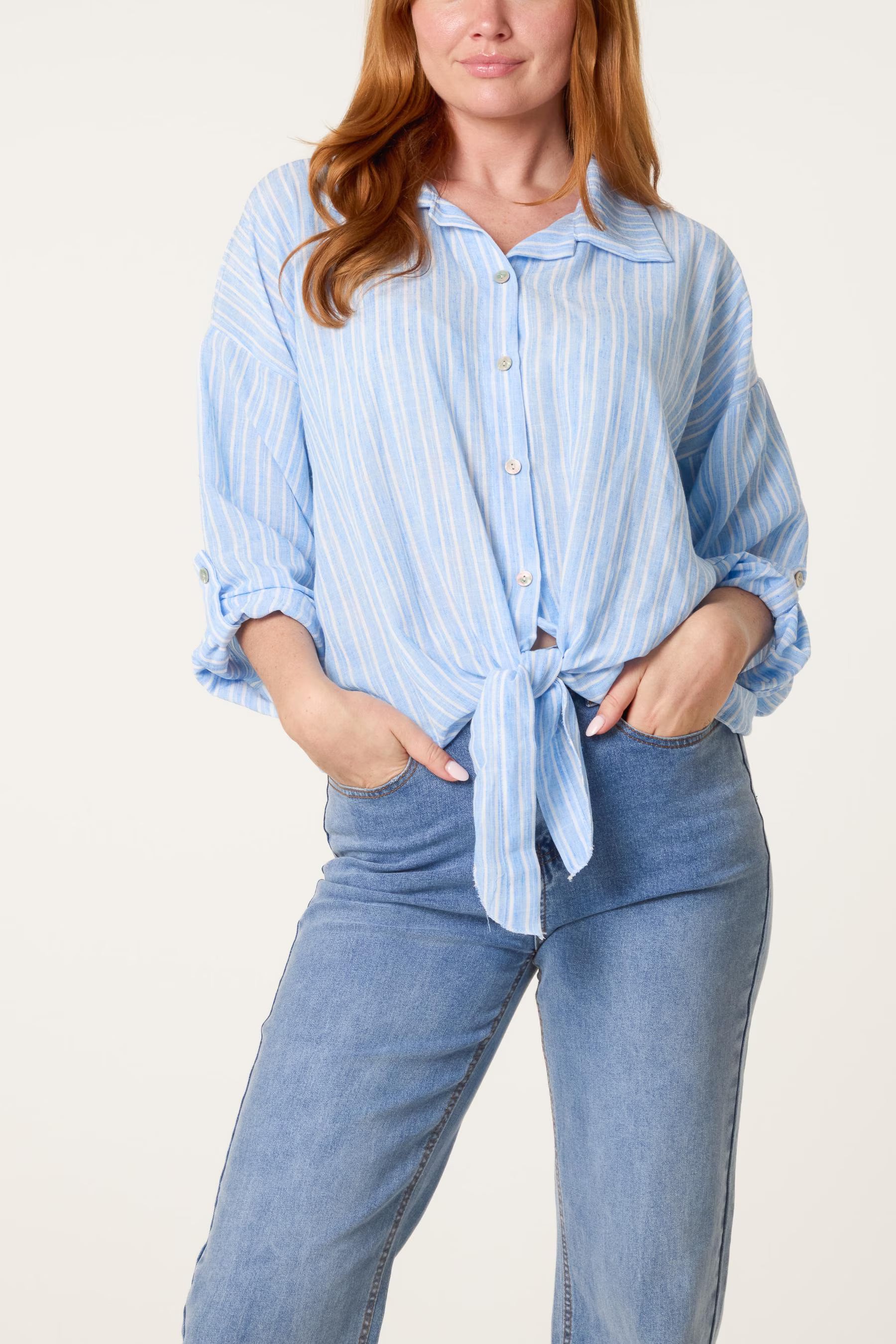 Striped Cotton Blend Front Knot Shirt, Oversized Button Down Blouse