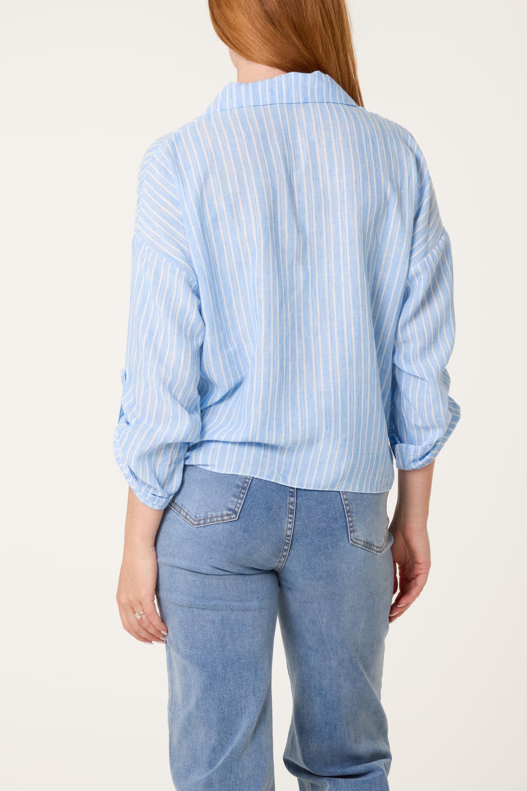 Striped Cotton Blend Front Knot Shirt, Oversized Button Down Blouse