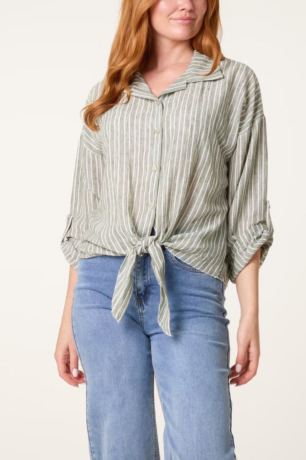 Striped Cotton Blend Front Knot Shirt, Oversized Button Down Blouse