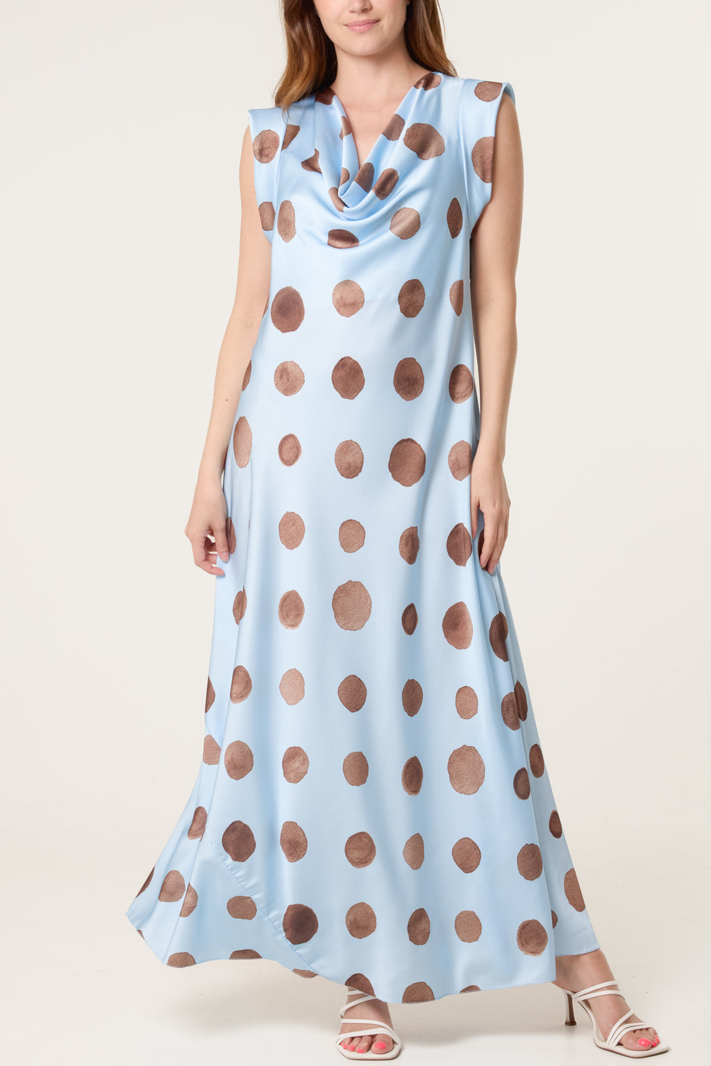 Elegant Satin Polka Dot Maxi Dress for Women – Cowl Neck Sleeveless Summer Dress