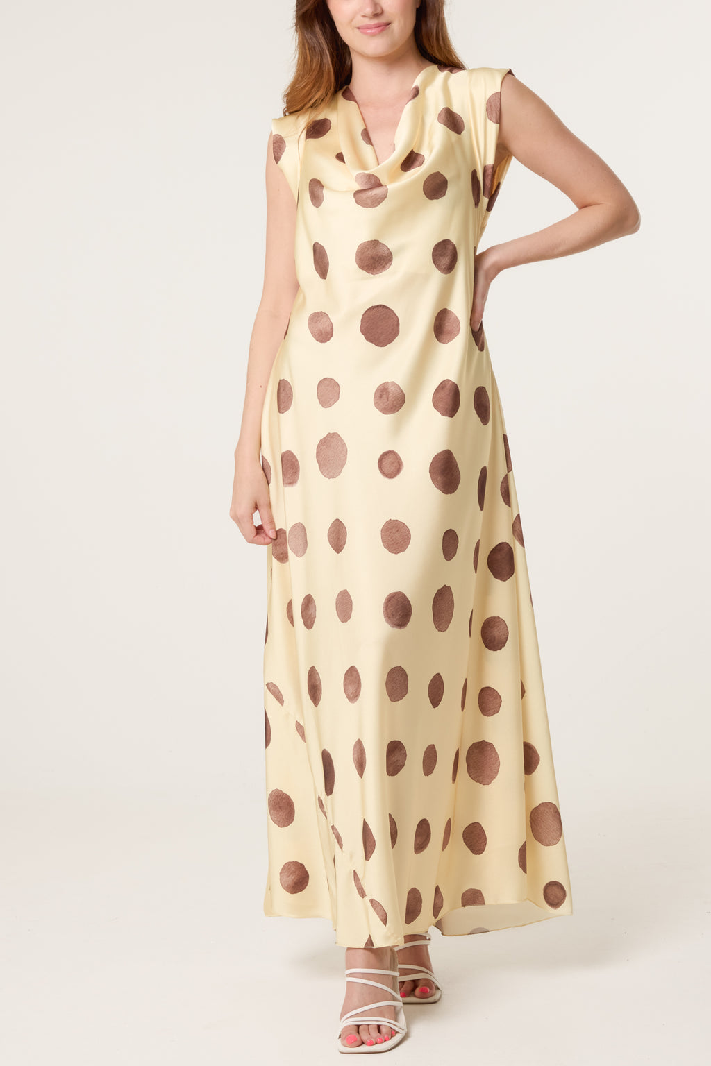 Elegant Satin Polka Dot Maxi Dress for Women – Cowl Neck Sleeveless Summer Dress