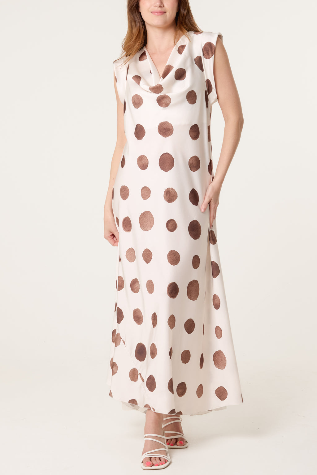 Elegant Satin Polka Dot Maxi Dress for Women – Cowl Neck Sleeveless Summer Dress