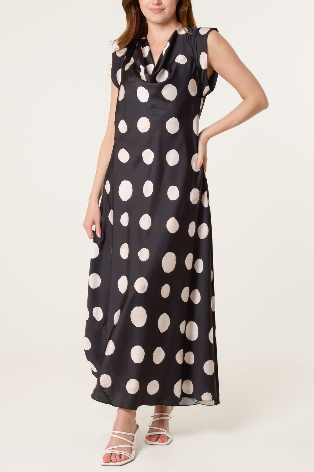 Elegant Satin Polka Dot Maxi Dress for Women – Cowl Neck Sleeveless Summer Dress