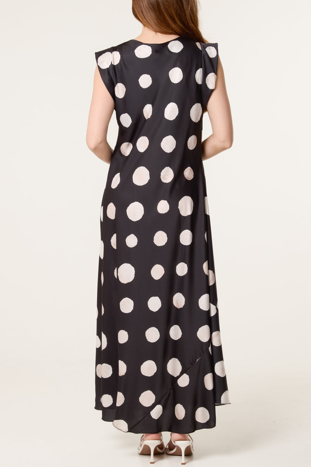 Elegant Satin Polka Dot Maxi Dress for Women – Cowl Neck Sleeveless Summer Dress