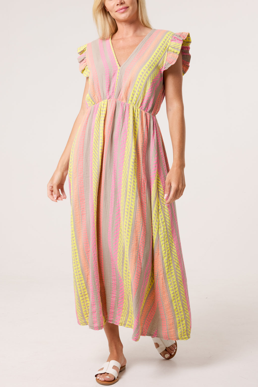 Aztec Print Frill Sleeve Cotton Maxi Dress – Lightweight Summer Boho Dress for Women