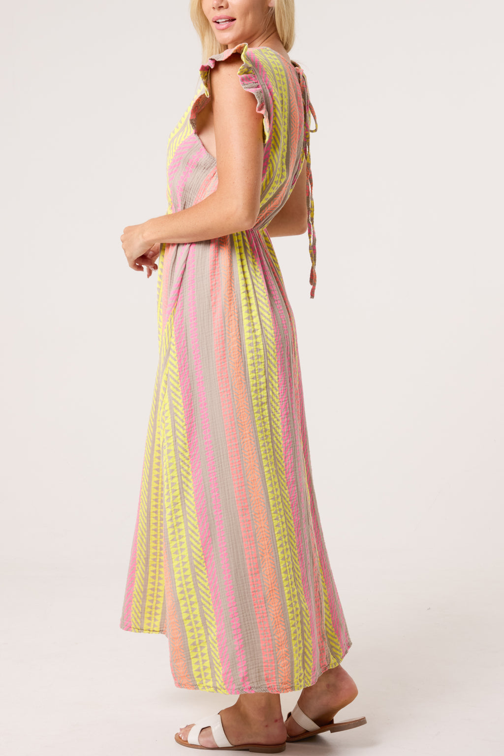 Aztec Print Frill Sleeve Cotton Maxi Dress – Lightweight Summer Boho Dress for Women